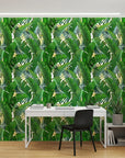 Jungle Gold lush green palm leaf as a feature wall in a bright home office