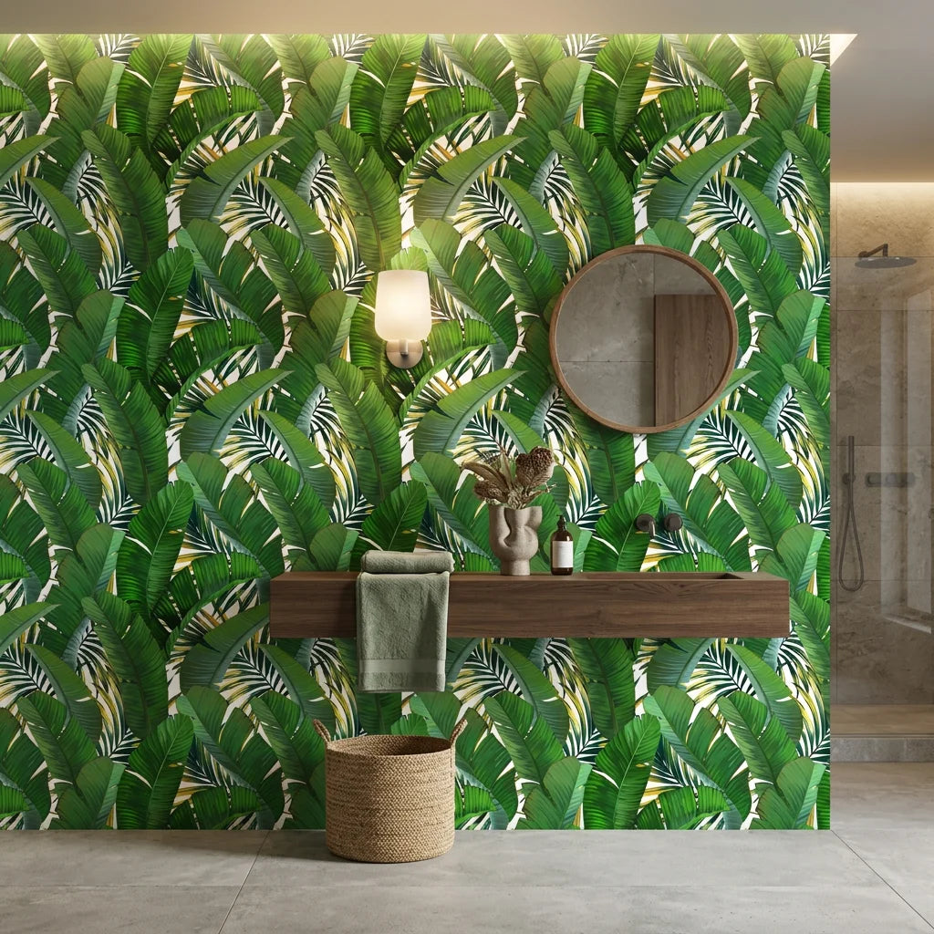 Jungle Gold lush green palm leaf creating ambiance in a serene bathroom