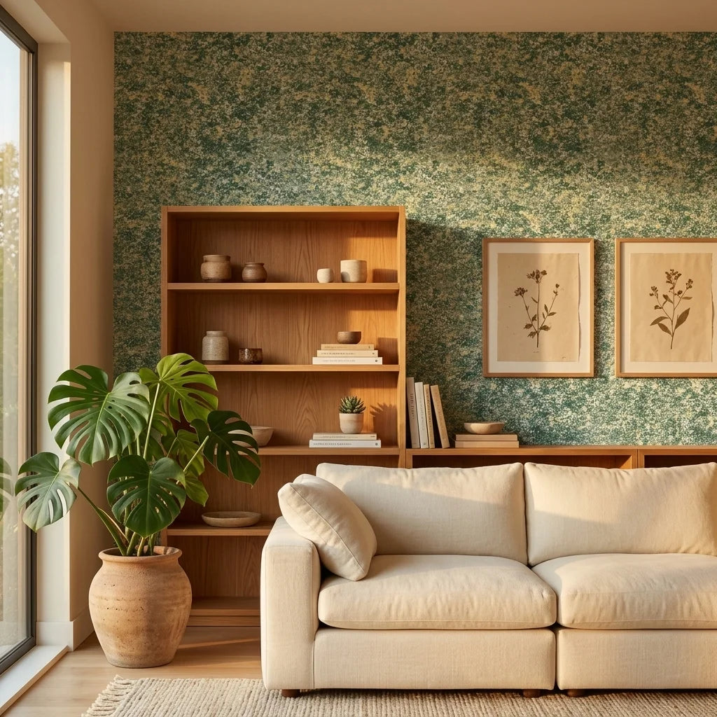 Jungle Hour green abstract peel and stick wallpaper in a warm and inviting living room
