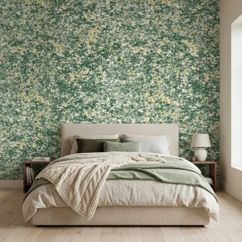Jungle Hour green abstract peel and stick wallpaper adding character to a cozy bedroom