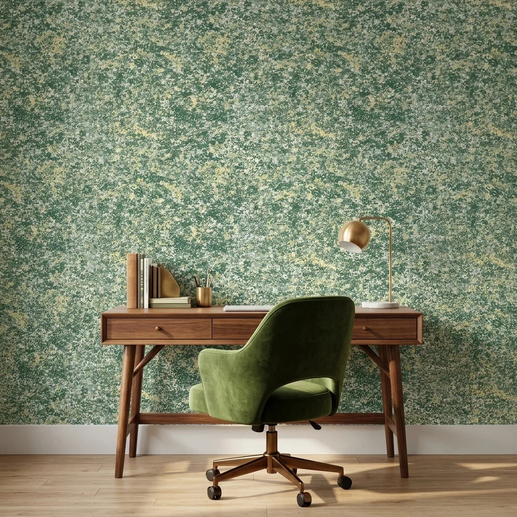 Jungle Hour green abstract peel and stick wallpaper as a feature wall in a bright home office