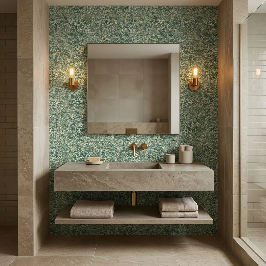 Jungle Hour green abstract peel and stick wallpaper creating ambiance in a serene bathroom