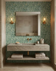 Jungle Hour green abstract peel and stick wallpaper creating ambiance in a serene bathroom