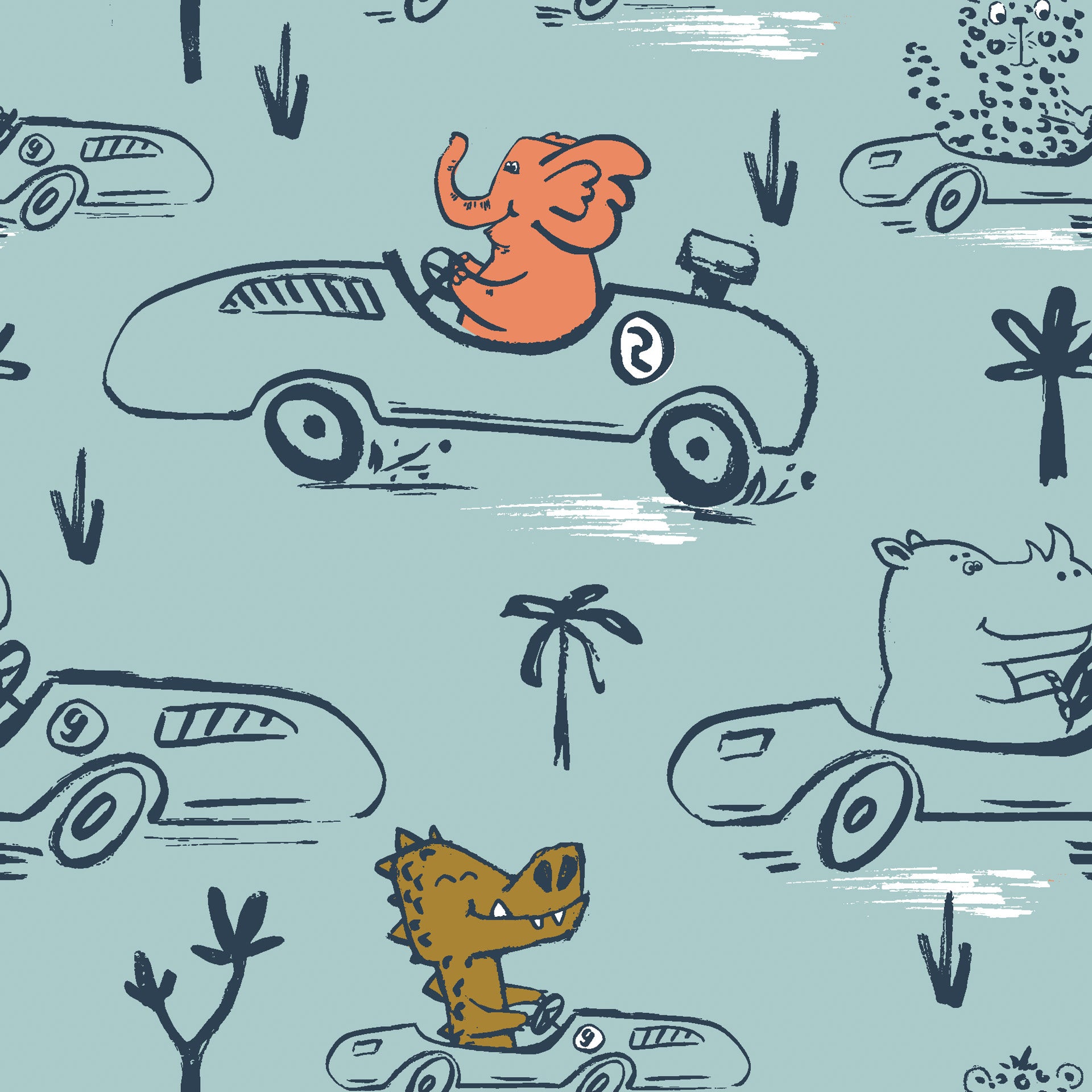 Blue sketchy jungle animal race car peel and stick wallpaper - Jungle Rumble