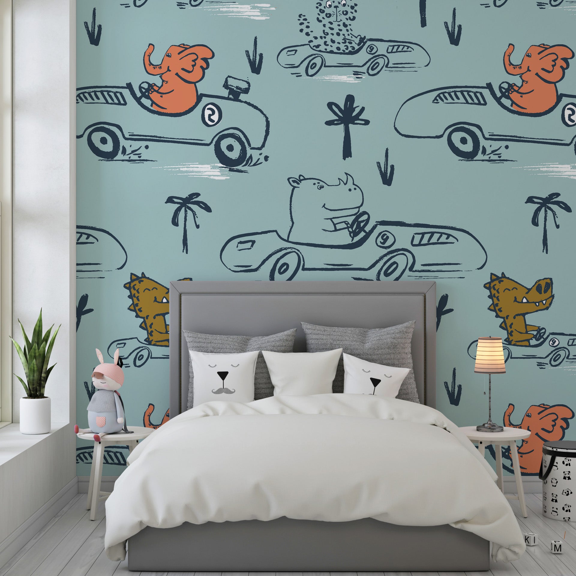 Hand-sketched blue jungle animals in racing cars self-adhesive wallpaper - Jungle Rumble
