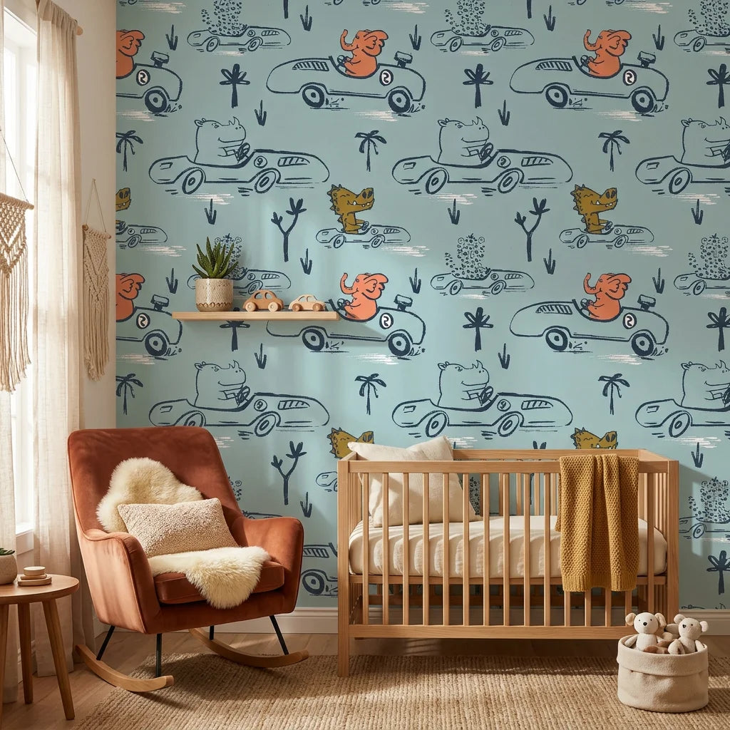 Jungle Rumble blue animal race car sketch wallpaper in a warm and inviting living room