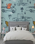 Hand-sketched blue jungle animals in racing cars self-adhesive wallpaper - Jungle Rumble