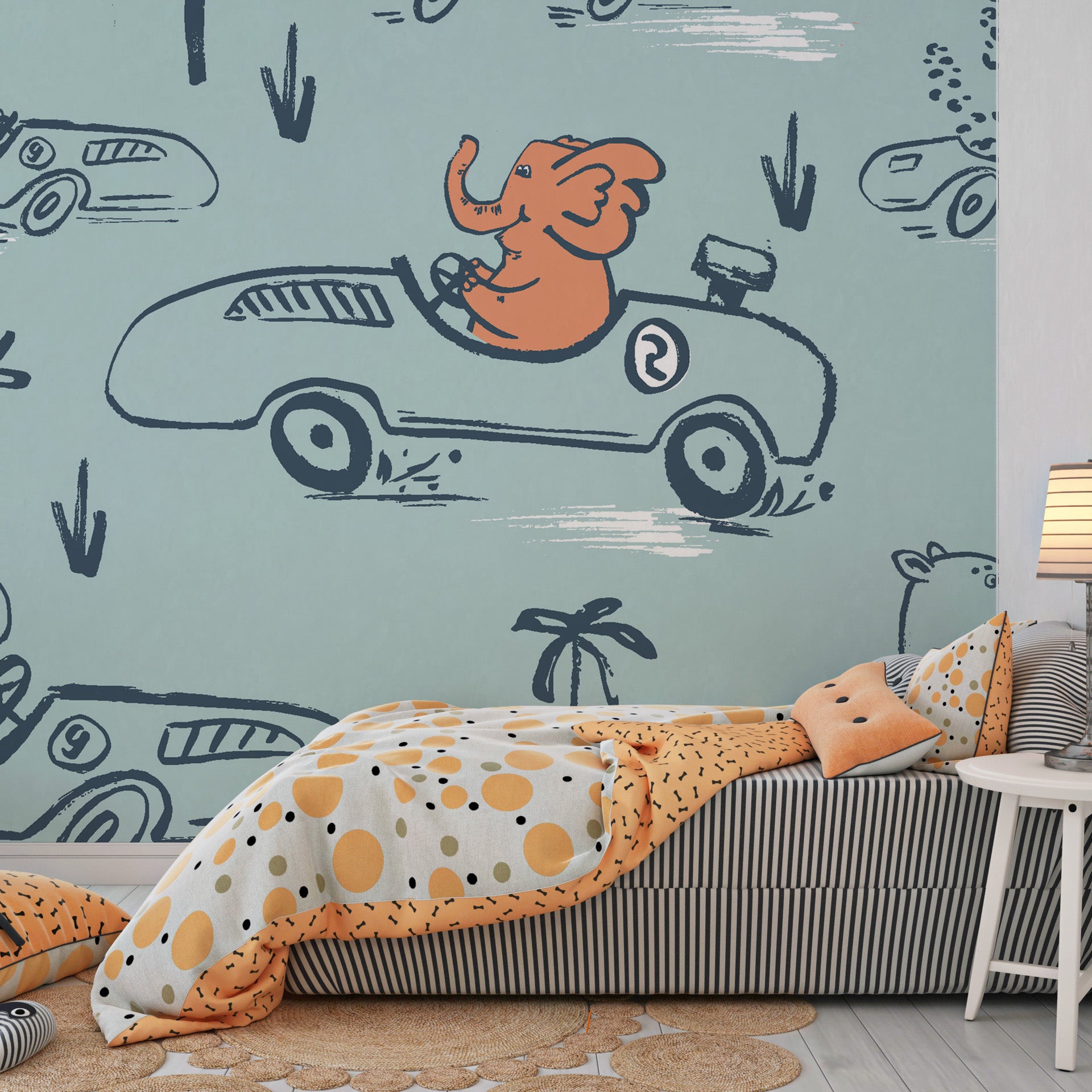 Blue illustrative safari creatures driving racecars peel and stick wall mural - Jungle Rumble