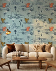 Jungle Rumble blue animal race car sketch wallpaper adding character to a cozy bedroom