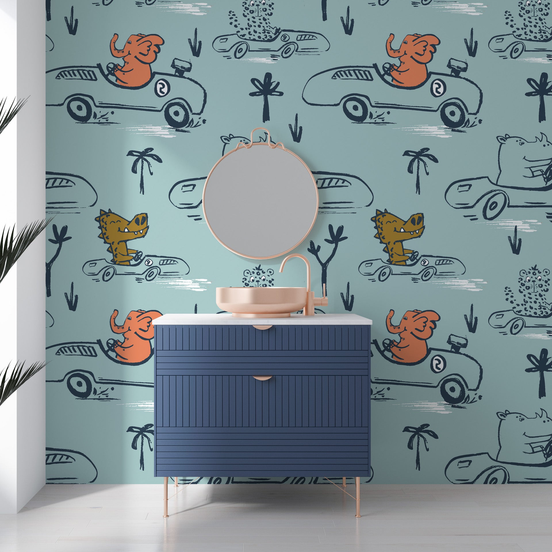 Artistic sketch-style blue wild animals in fast vehicles removable wallpaper - Jungle Rumble