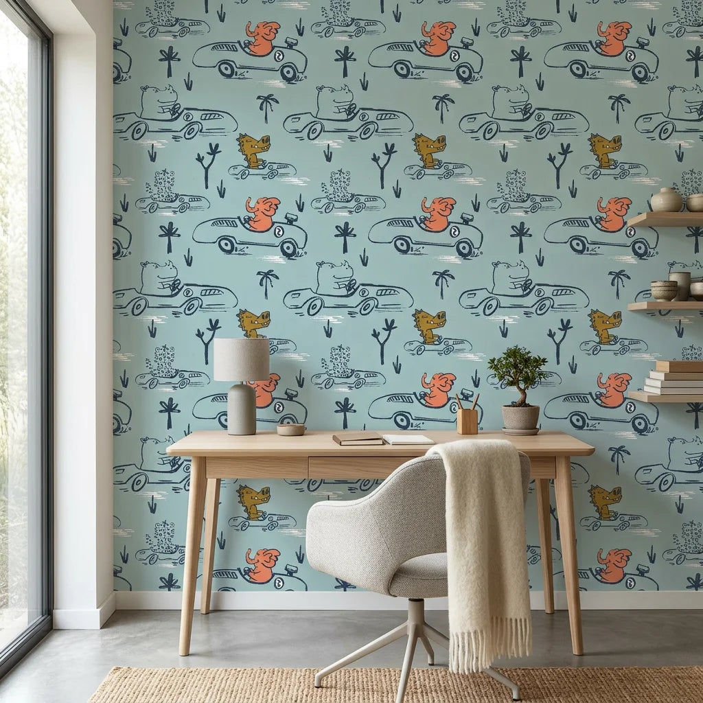 Jungle Rumble blue animal race car sketch wallpaper as a feature wall in a bright home office