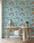 Jungle Rumble blue animal race car sketch wallpaper as a feature wall in a bright home office
