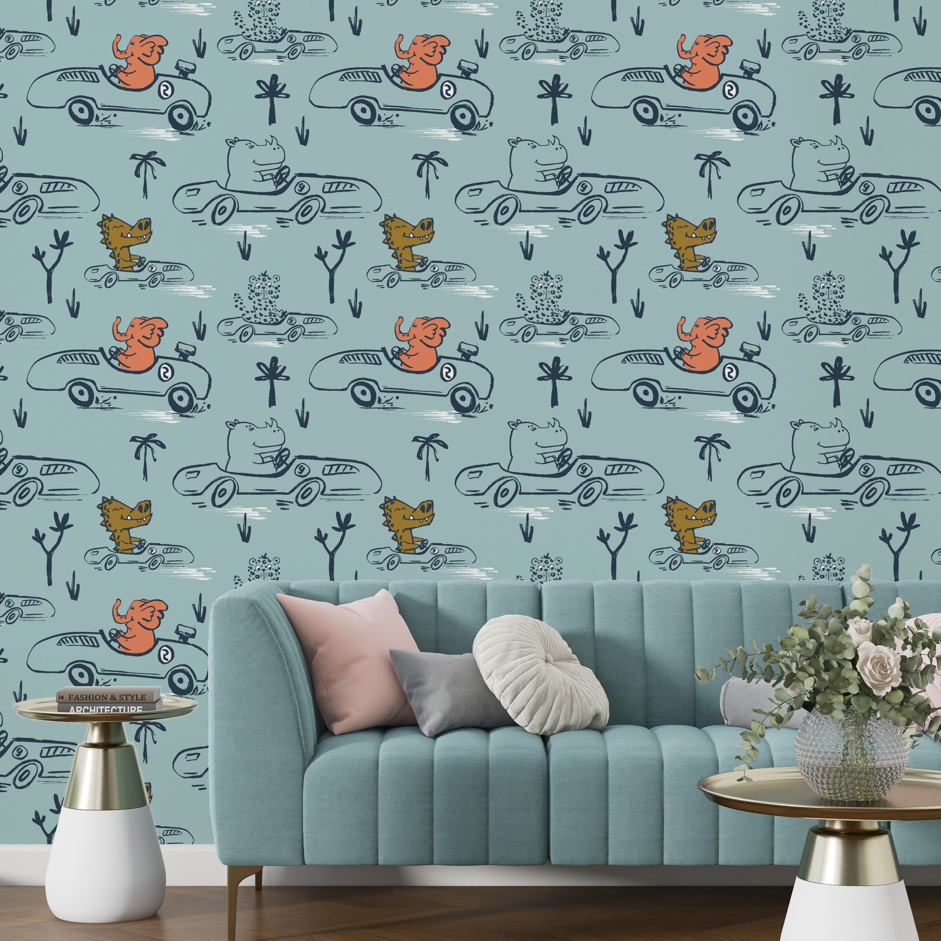 Playful blue line-art jungle animal motor race peel and stick wall covering - Jungle Rumble