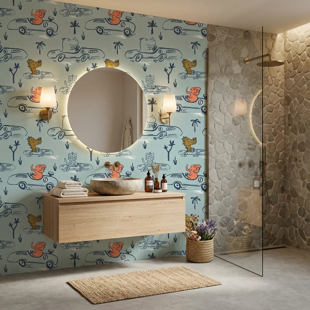 Jungle Rumble blue animal race car sketch wallpaper creating ambiance in a serene bathroom