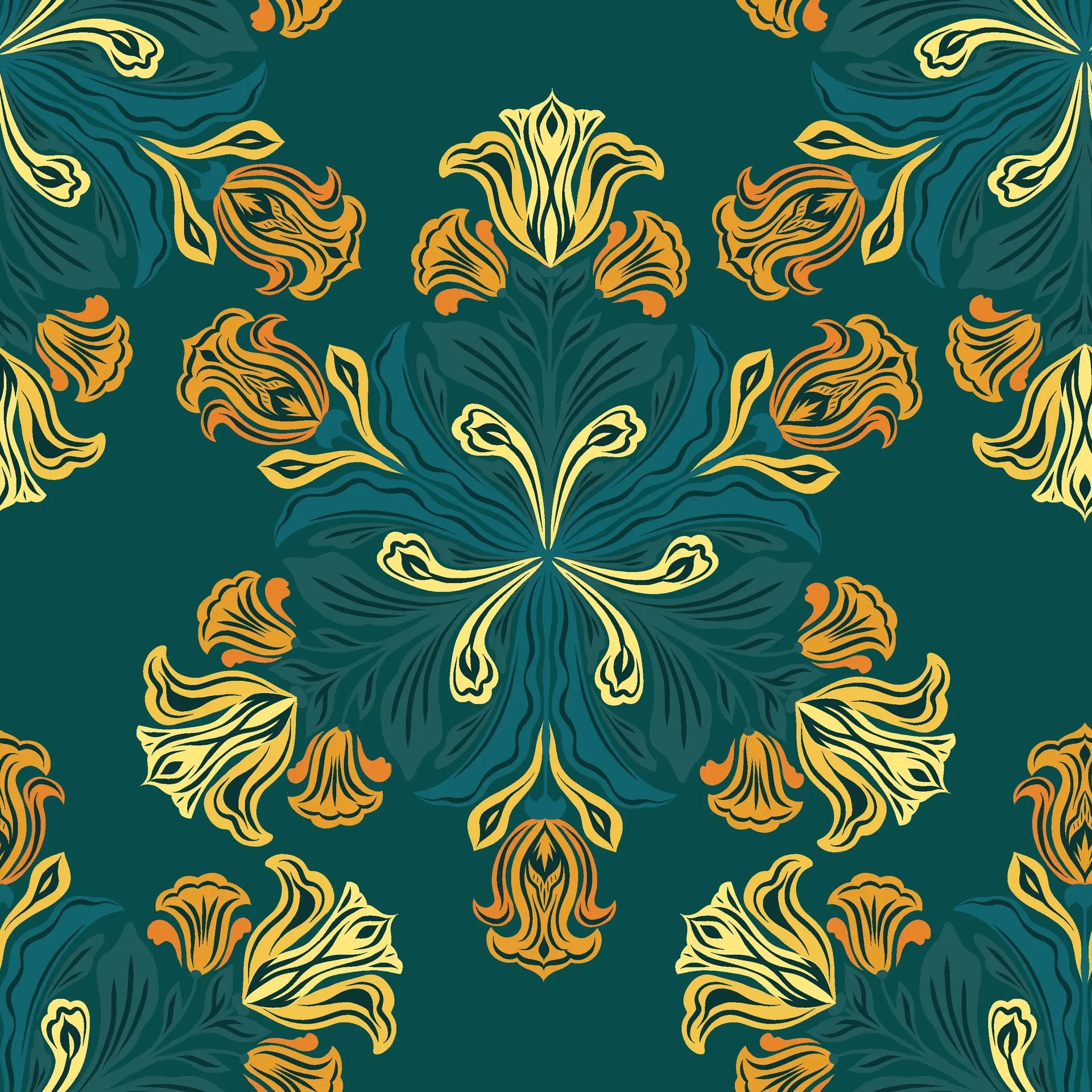 Jungle Saffron bold tropical floral wallpaper in teal and gold