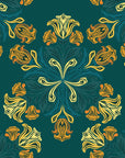 Jungle Saffron bold tropical floral wallpaper in teal and gold