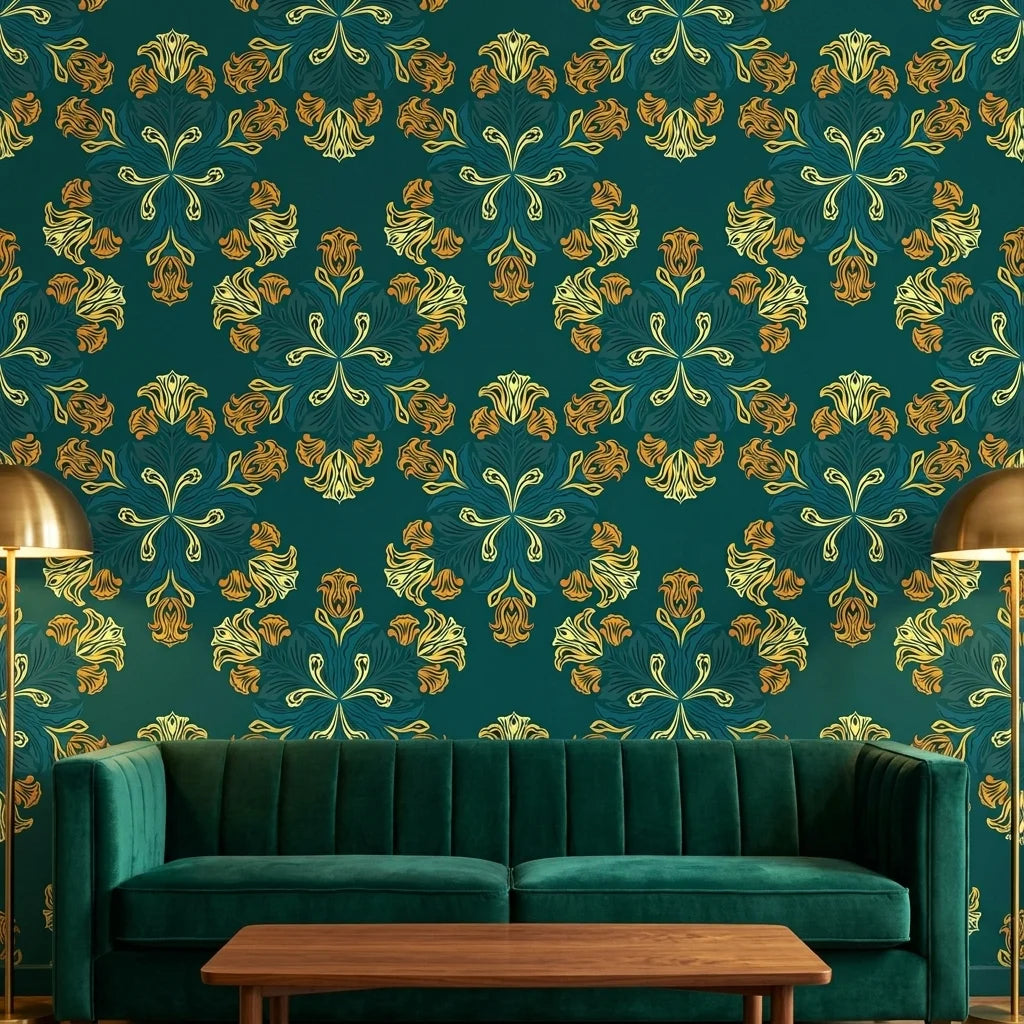 Jungle Saffron bold tropical floral wallpaper in teal and gold creating ambiance in a serene bathroom