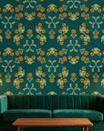 Jungle Saffron bold tropical floral wallpaper in teal and gold creating ambiance in a serene bathroom