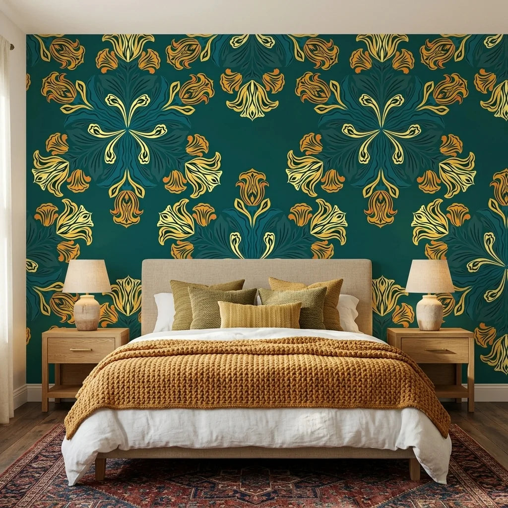 Jungle Saffron bold tropical floral wallpaper in teal and gold in a warm and inviting living room
