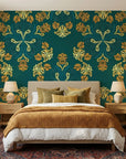 Jungle Saffron bold tropical floral wallpaper in teal and gold in a warm and inviting living room