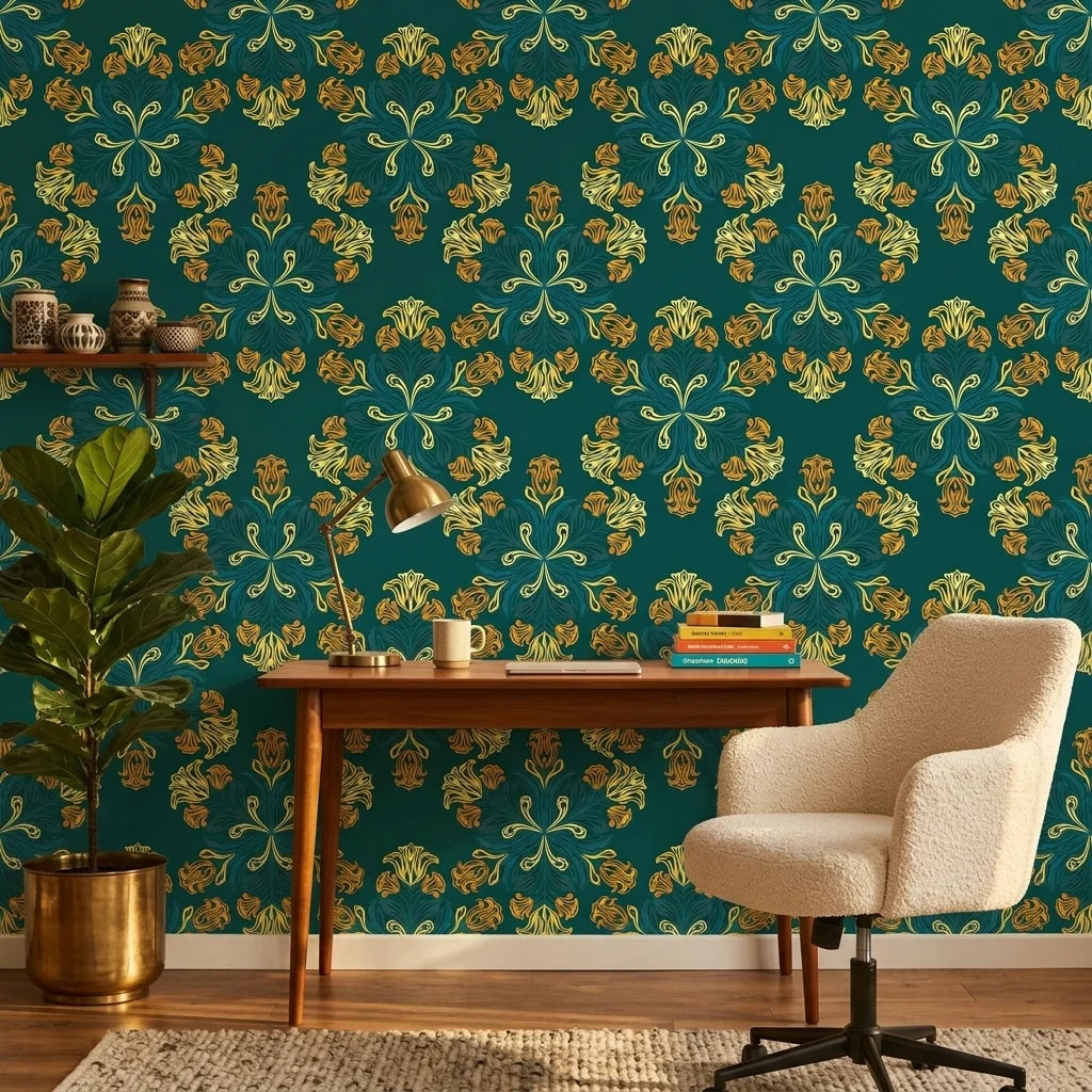 Jungle Saffron bold tropical floral wallpaper in teal and gold adding character to a cozy bedroom