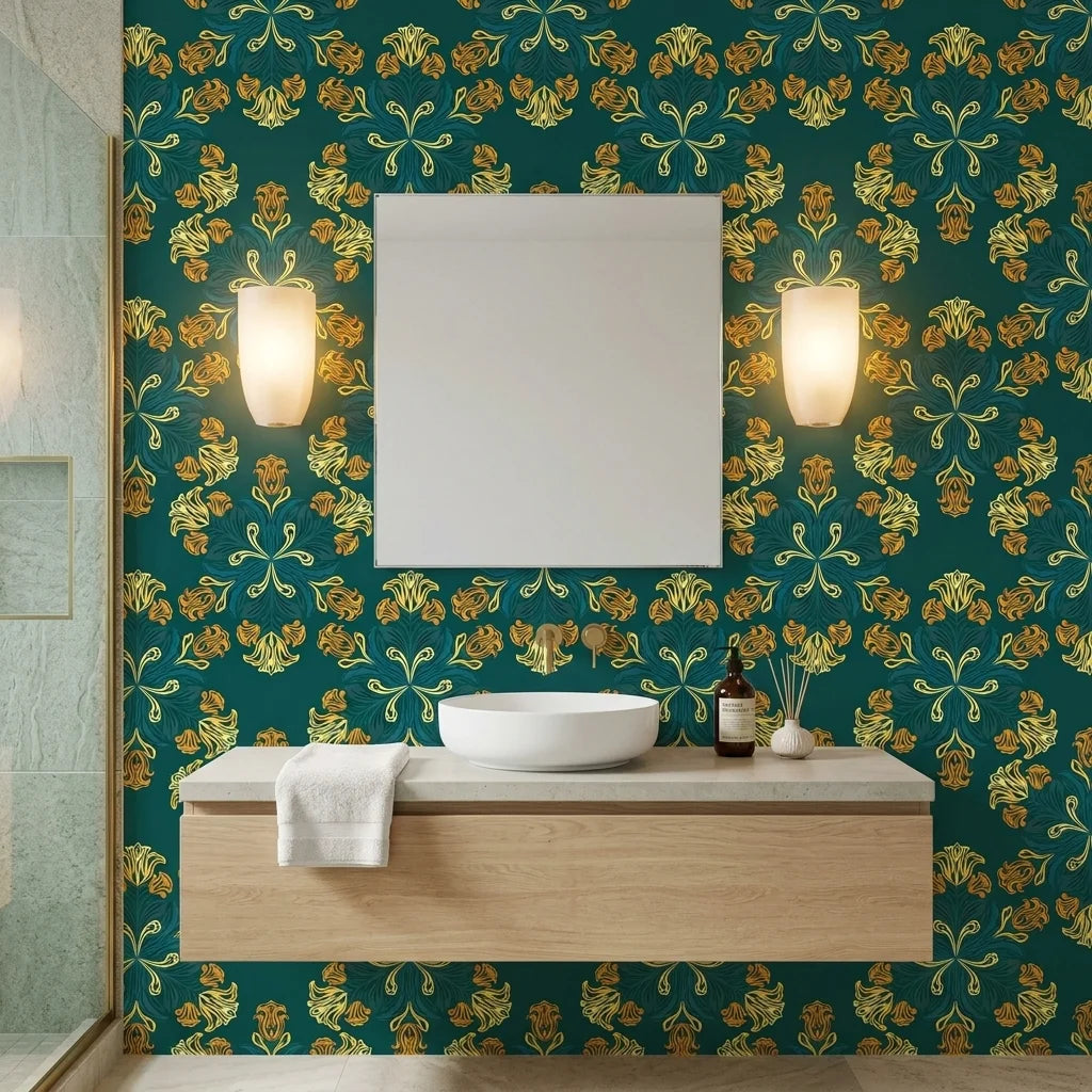 Jungle Saffron bold tropical floral wallpaper in teal and gold as a feature wall in a bright home office