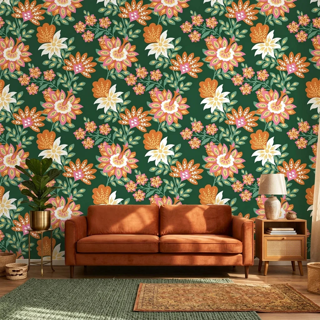Jungle Solstice floral wallpaper with orange and pink blooms on forest green behind tan leather sofa