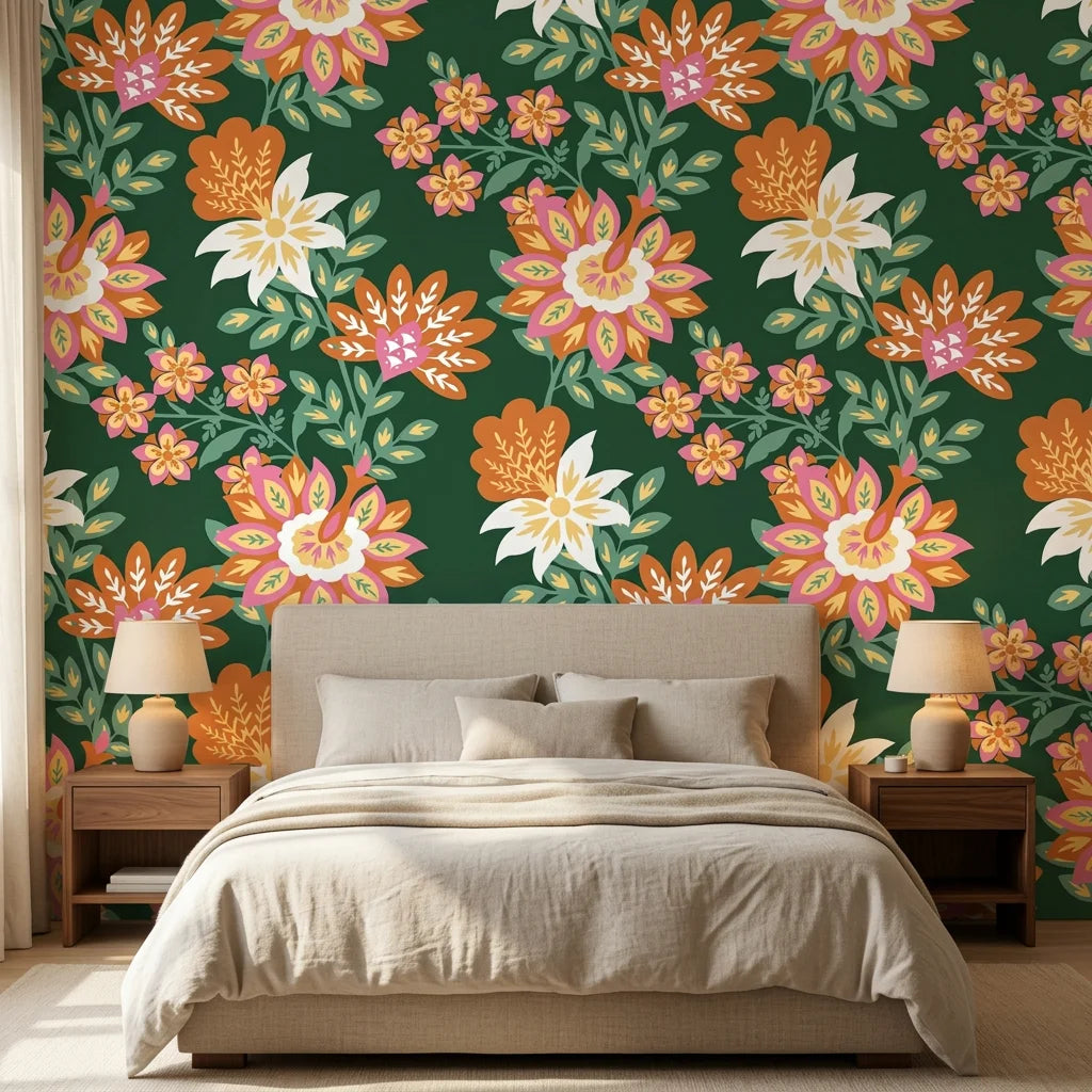 Linen textured Jungle Solstice wallpaper featuring orange and pink florals on deep green background