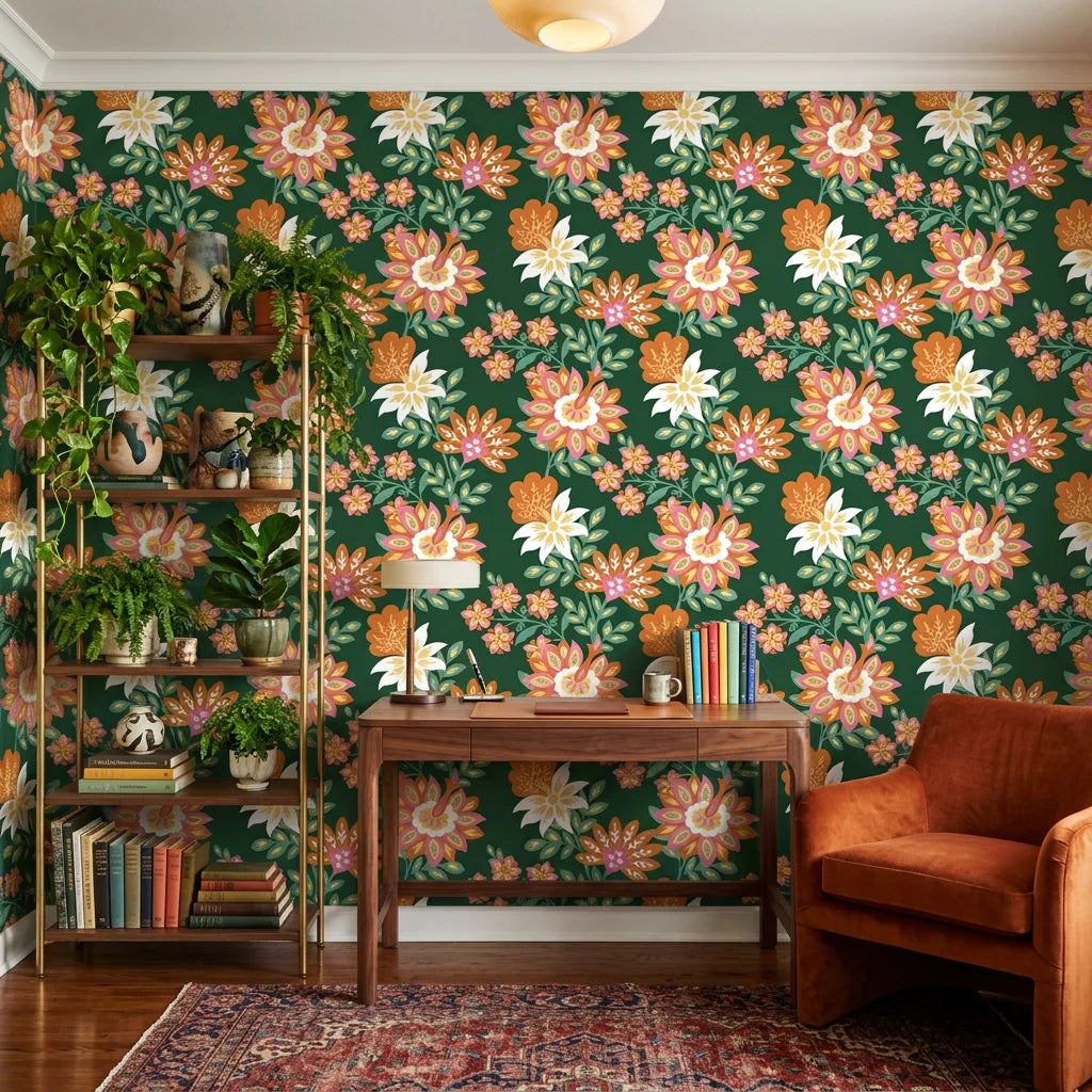 Jungle Solstice removable wallpaper with coral and orange blooms on forest green in modern living room