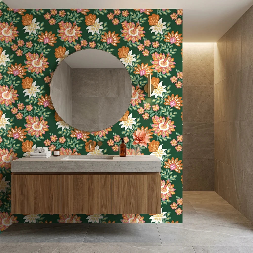 Green and coral Jungle Solstice floral wallpaper behind modern bathroom vanity with round mirror
