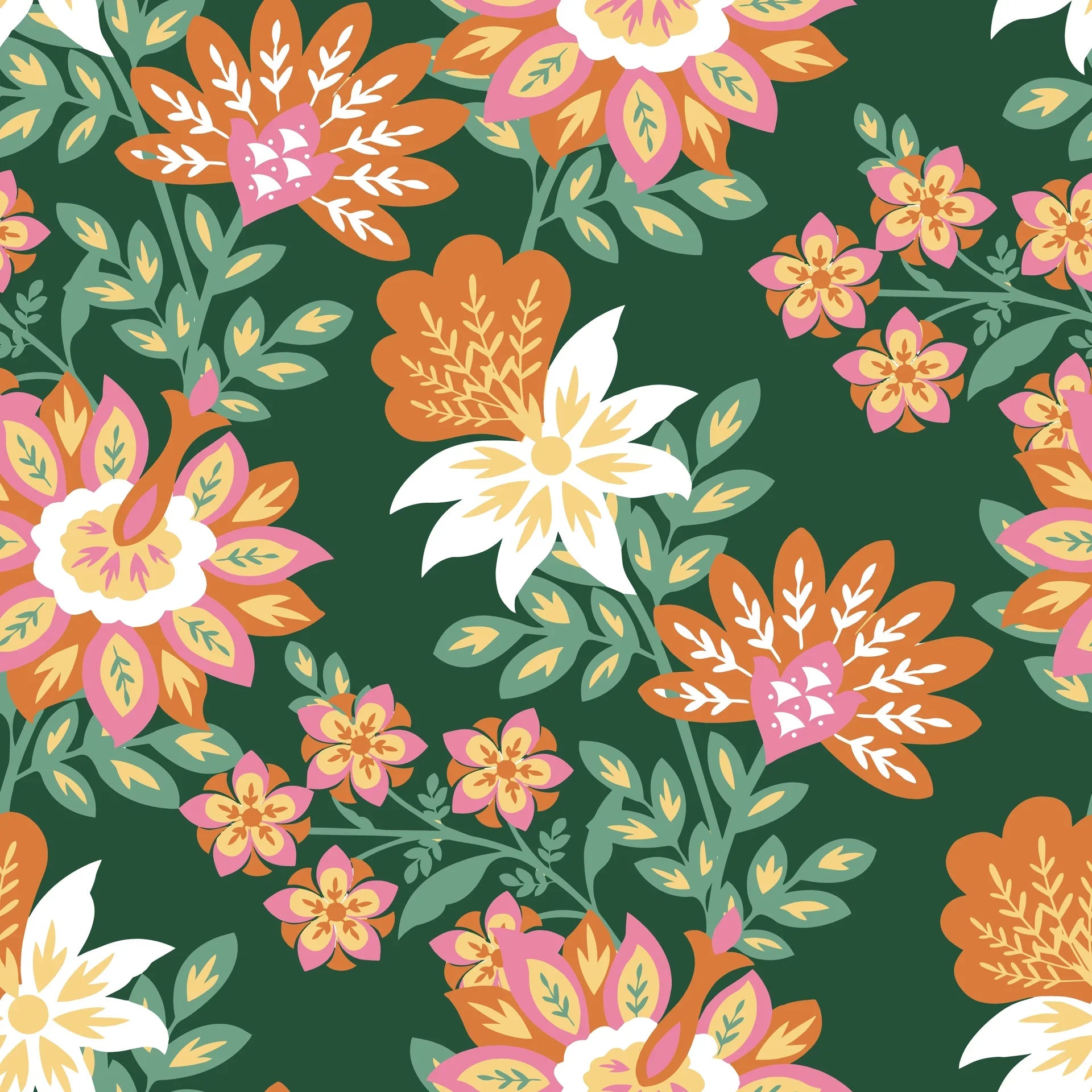 Retro Jungle Solstice wallpaper featuring orange, pink, and white tropical flowers on deep green background