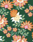 Retro Jungle Solstice wallpaper featuring orange, pink, and white tropical flowers on deep green background