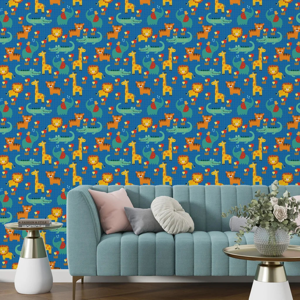 Cobalt wild animal and floral mosaic peel-and-stick decorative paper - Jungle Bloom