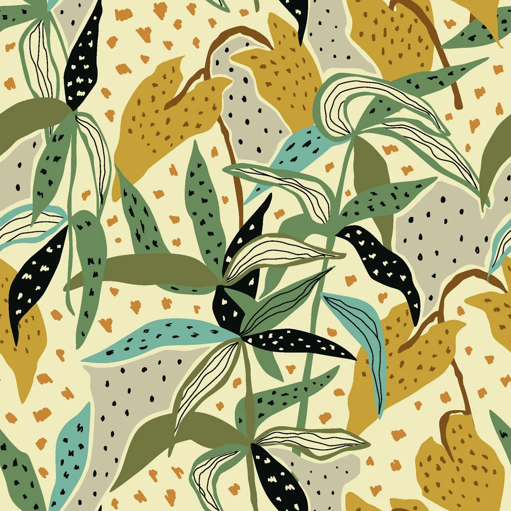 Removable, self-adhesive wallpaper featuring an abstract design of yellow and green jungle foliage