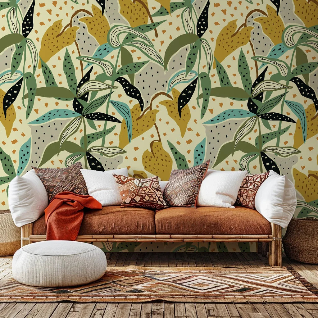 Peel and stick removable wallpaper featuring an abstract green and yellow tropical foliage design, style: Jungle Fragment