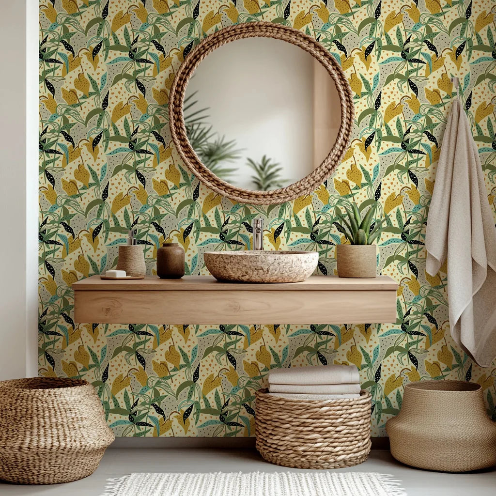 Self-adhesive wallpaper featuring an abstract design of yellow and green exotic foliage