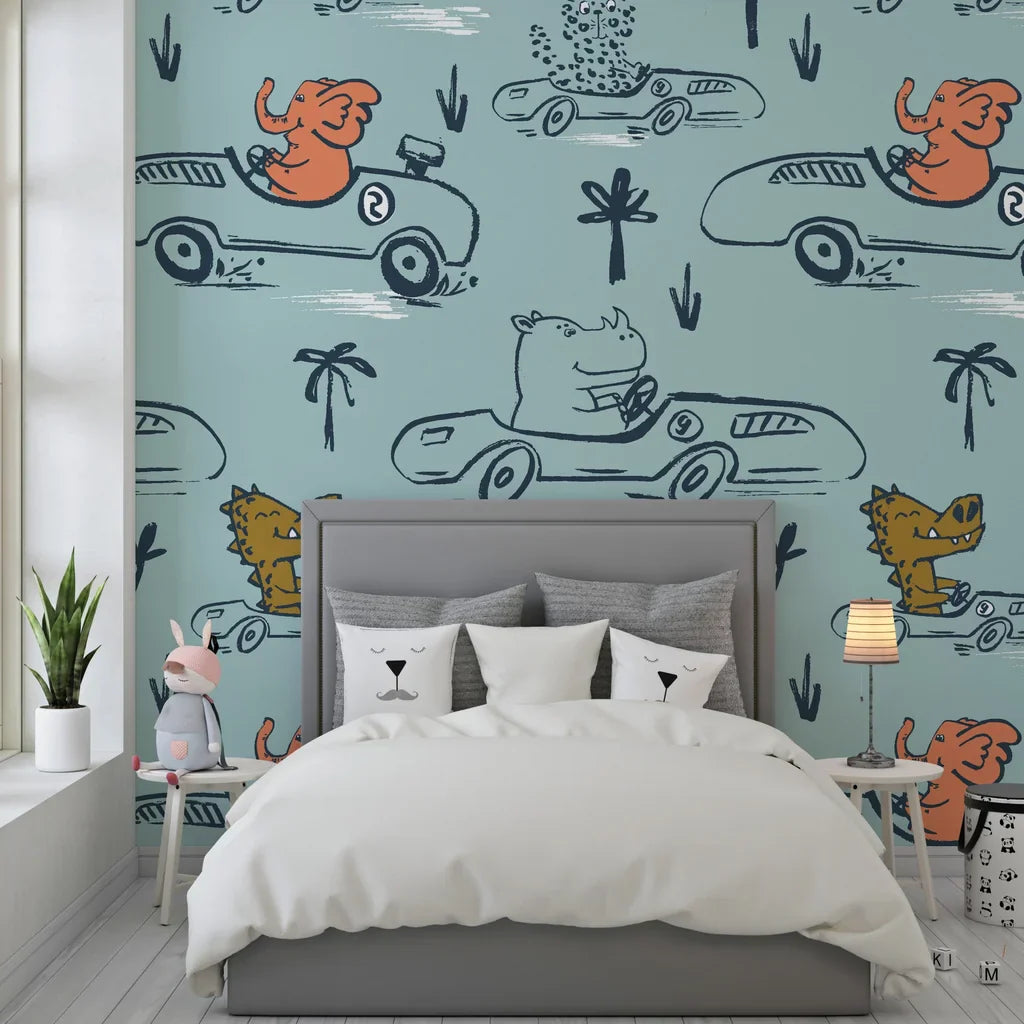 Hand-sketched blue jungle animals in racing cars self-adhesive wallpaper - Jungle Rumble