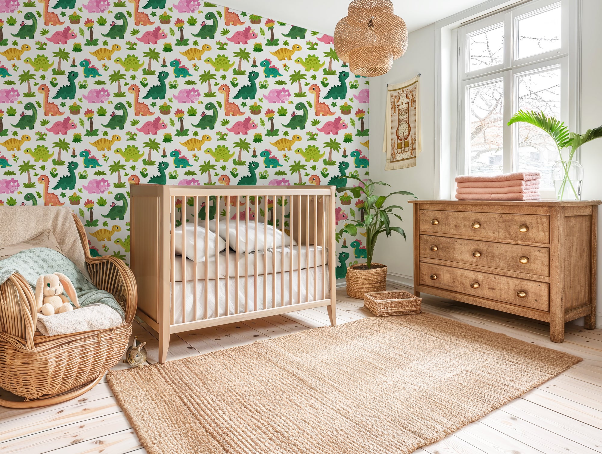 A vibrant wall covering showcasing blooming flowers mixed with Jurassic-era jungle foliage