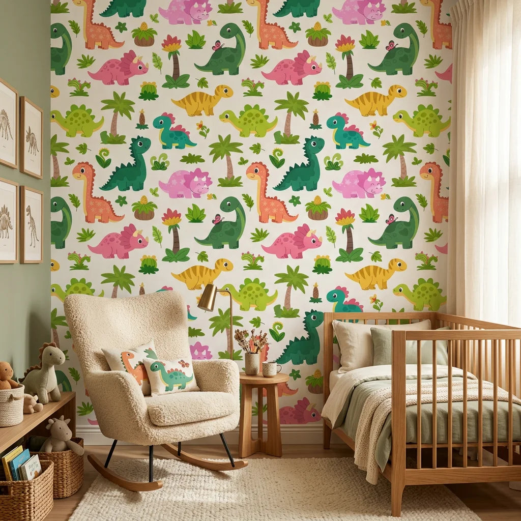 Jurassic Bloom green botanical dinosaur wallpaper in a warm and inviting living room