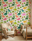 Jurassic Bloom green botanical dinosaur wallpaper in a warm and inviting living room