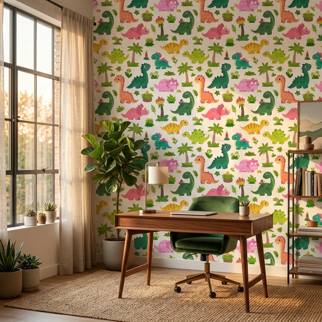Jurassic Bloom green botanical dinosaur wallpaper adding character to a cozy bedroom