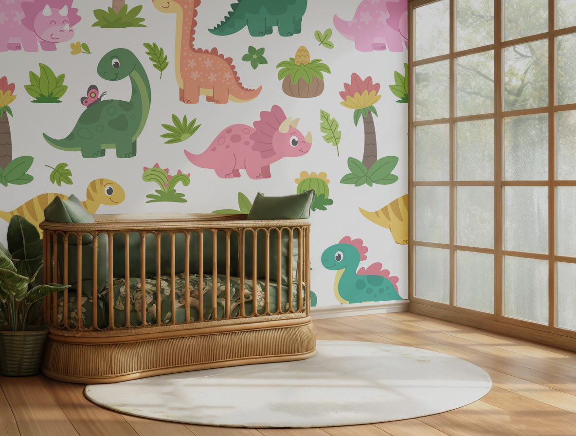 Vibrant, blooming tropical flora repeating pattern on a wall covering, inspired by the prehistoric era