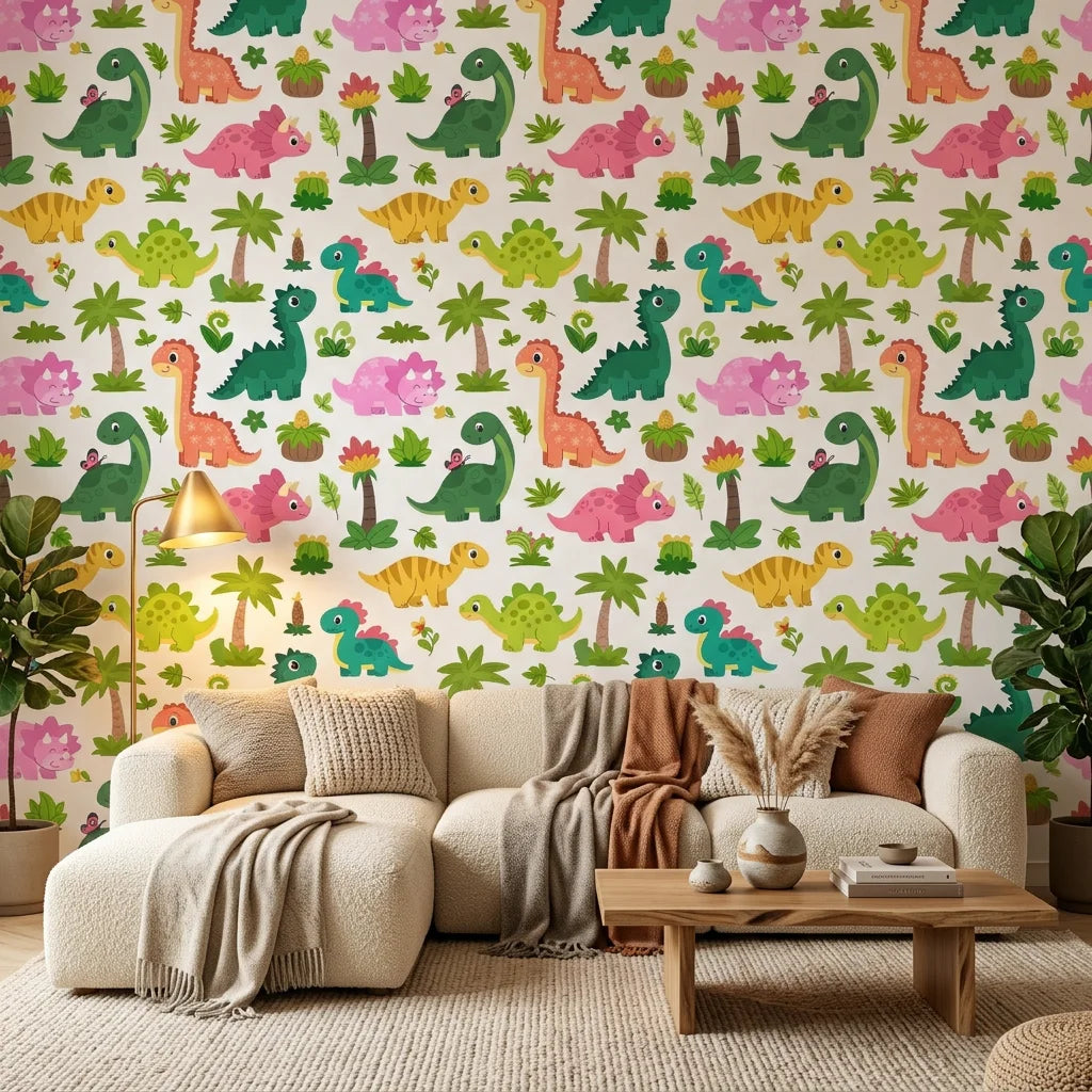 Jurassic Bloom green botanical dinosaur wallpaper as a feature wall in a bright home office