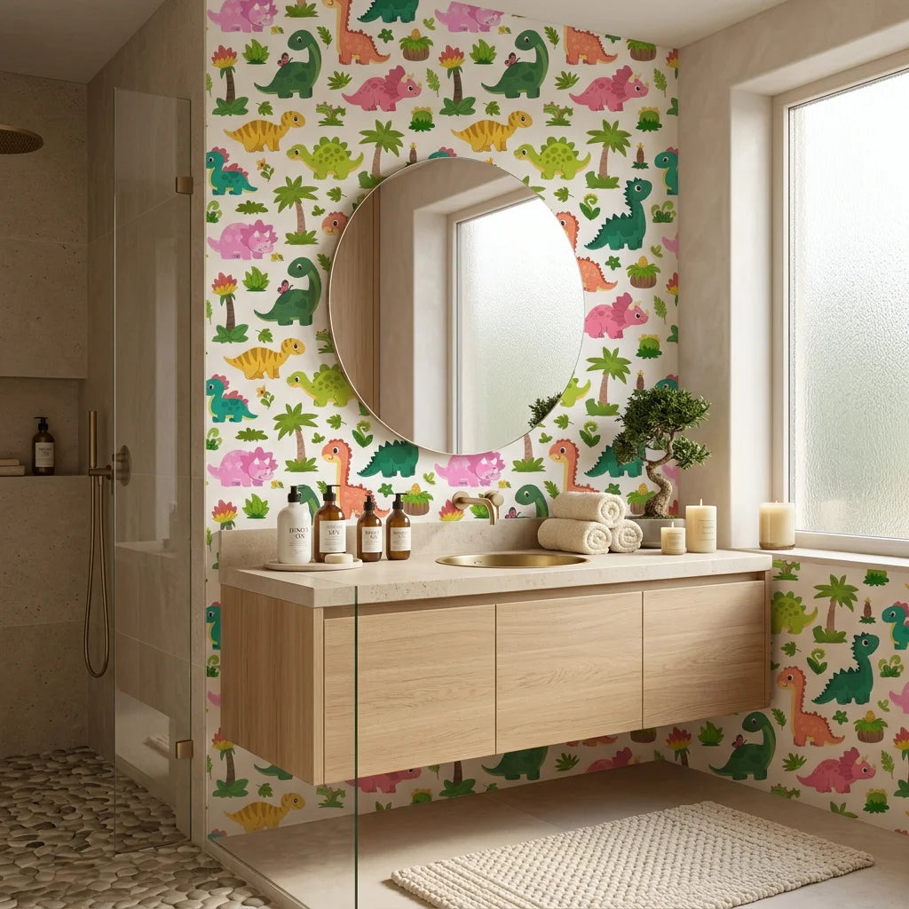 Jurassic Bloom green botanical dinosaur wallpaper creating ambiance in a serene bathroom
