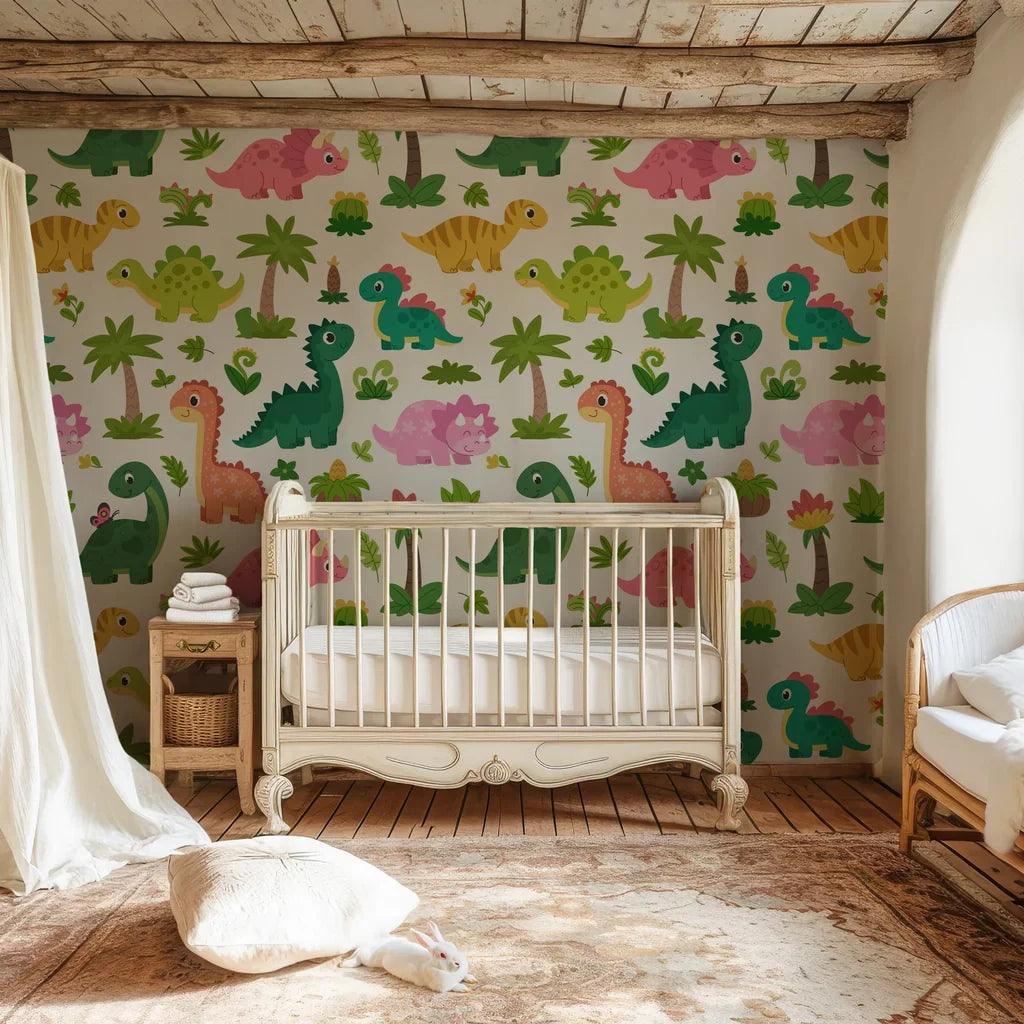 Self-adhesive nursery wall decor featuring a playful array of bright dinosaurs against a crisp white backdrop - Jurassic Bloom