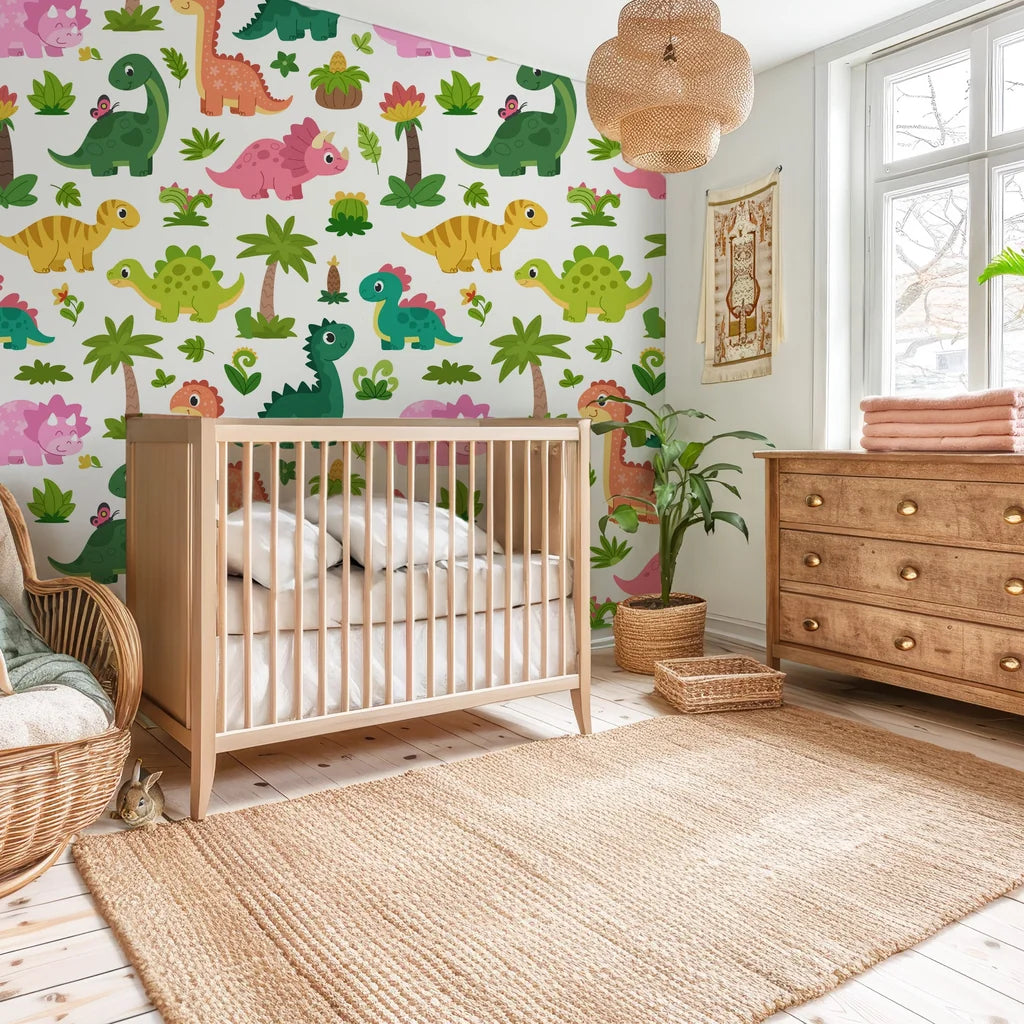 Seamless pattern of vivid prehistoric animals on a smooth, flat white removable wallpaper - Jurassic Bloom