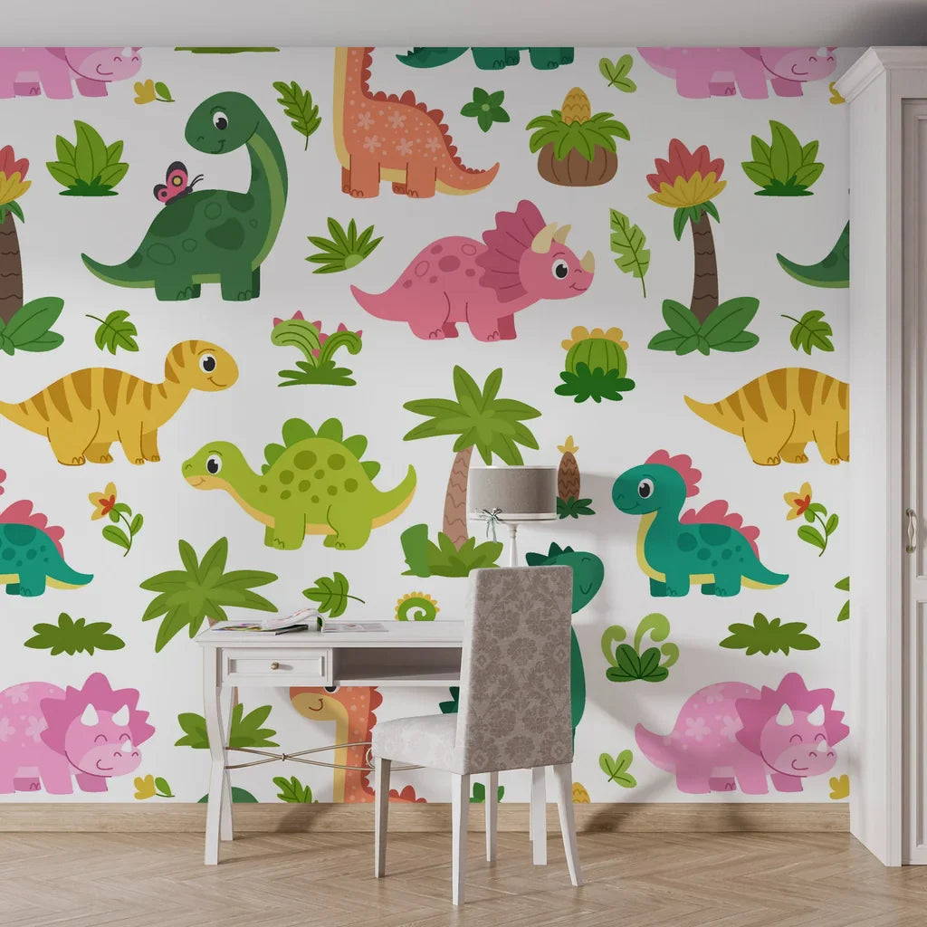 Vibrant multi-colored prehistoric creatures on a sleek white adhesive wall covering for a child's room - Jurassic Bloom