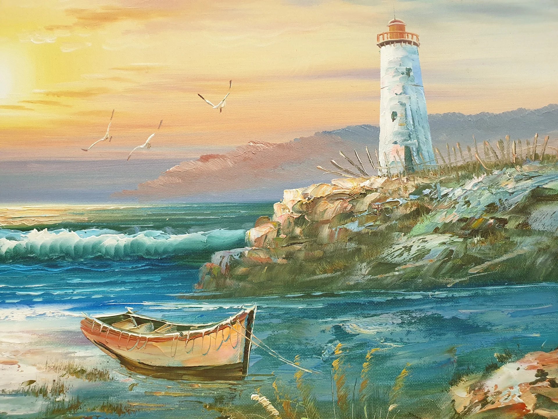Keeper & Tide coastal lighthouse seascape wallpaper creating ambiance in a serene bathroom