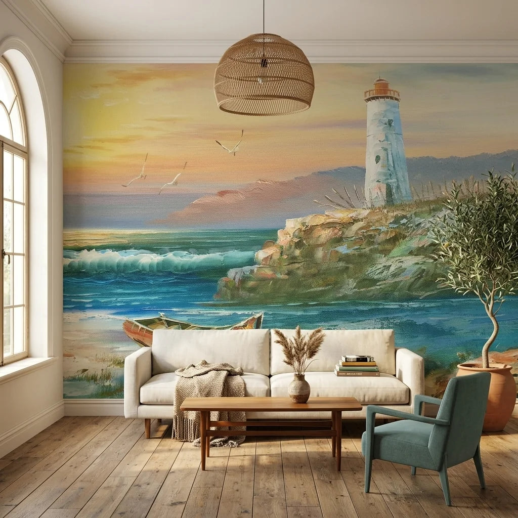 Canvas-like coastal lighthouse seascape sunset peel and stick wallpaper - Keeper & Tide