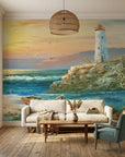 Canvas-like coastal lighthouse seascape sunset peel and stick wallpaper - Keeper & Tide